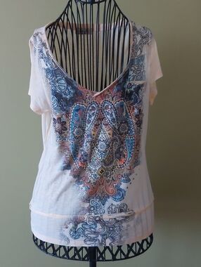 ONE WORLD Pink Paisley Scoop Neck Short Sleeve Top
